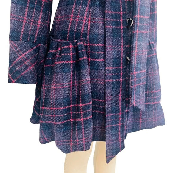 🛑SOLD BERMAN BLACK Plaid Wool Ruffle Peacoat in Navy/Purple Size S - Picture 6 of 11